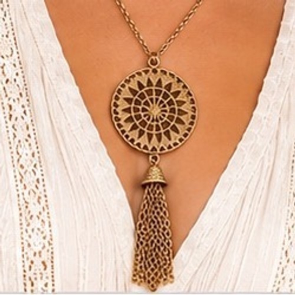Boho Golden Openwork Sunburst Medallion Chain Tassel Long Pendant Necklace